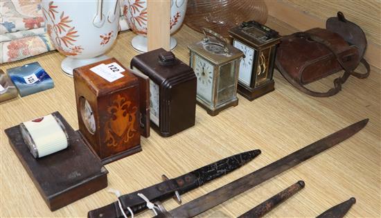 Two carriage timepieces, two others, ensign bellows, camera meter and scales